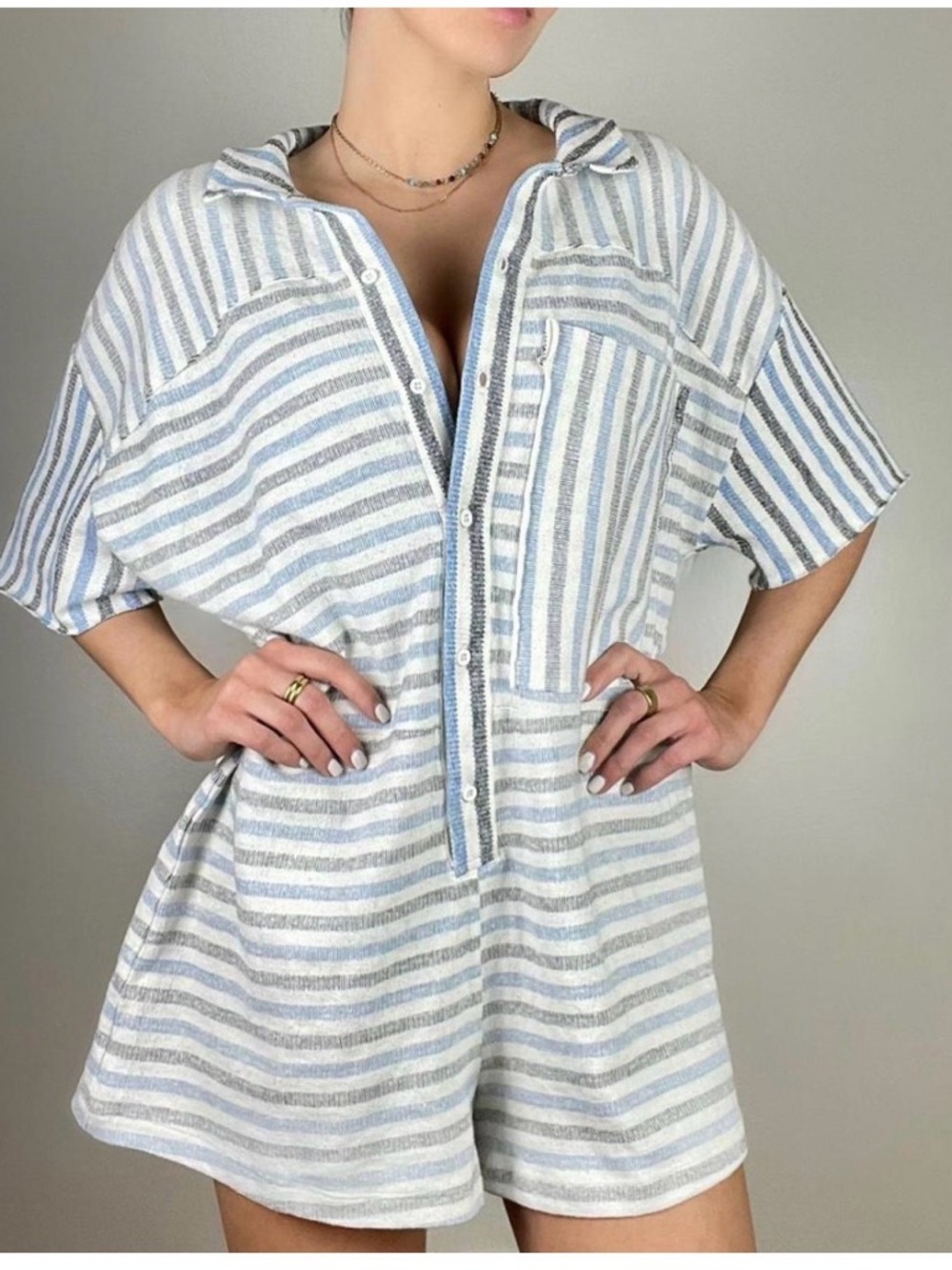 Free People Blue and White Striped Short-Sleeve Romper